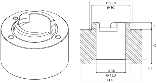 Figure 2. PMMA surrounding of the mixing zone of the Rousselet BXP025 centrifugal contactor (dimensions in mm).