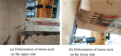 Figure 9. Failure mode of SJ-22 (a) Deformation of tenon neck on the upper side (b) Deformation of tenon neck on the lower side.