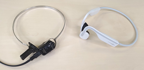 Figure 4 B71 bone transducer (left) and AfterShokz OpenMove open-ear headphones (right). Reprinted from Masalski M, Turski M, Zatoński T. Self-assessment of bone conduction hearing threshold using mobile audiometry: comparison with pure tone audiometry. Int J Audiol. 2023;1-8. Creative Commons.Citation13