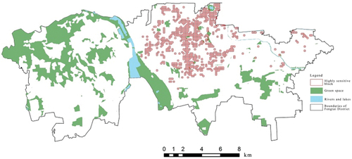 Figure 5. Distribution of green land and rivers around high sensitive blocks.