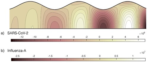 Figure 5. Contour plots of axial velocity components for (a) SARS-CoV-2 (b) Influenza-A in the presence of Stokes drag force.