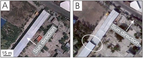 Figure 6. Use of time proxies for the cognitive task analysis method in structural building damage assessment before (A) and after (B) disaster. ©Google Earth. Source: Kerle and Hoffman (Citation2013).