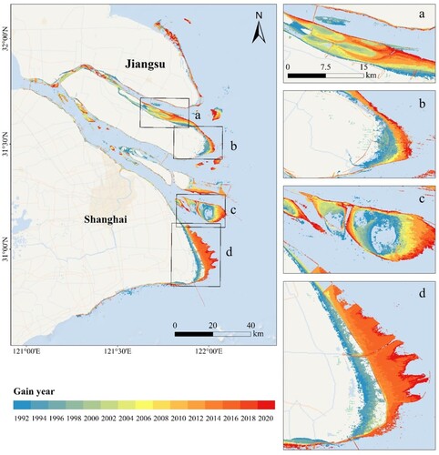 Figure 12. Gain of tidal wetlands in YRE during 1990–2020. (a) Chongming Beitan. (b) Chongming Dongtan. (c) Jiuduansha. (d) Nanhui Dongtan.