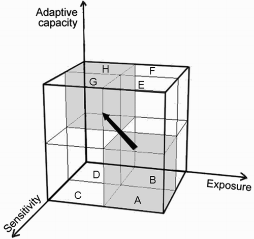 Figure 1. Three-dimensional Climate Change Vulnerability Cube is a system of visualizing and plotting households within the cube in order to understand their level of vulnerability judged by their position. The cube is split into eight sub-cubes (i.e. A–G) to cluster households with similar characteristics. The goal is to move households towards a lower vulnerability position – see direction of arrow. Source: Adapted from Lin and Morefield (Citation2011).