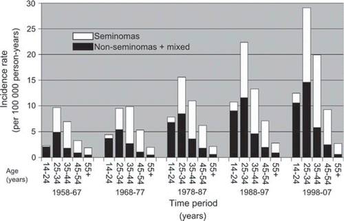 Figure 2. Incidence rate of testicular germ cell cancer (per 100 000 person-years, age-adjusted using the world standard [Citation23]) in Norway, 1958–2007, by age and histology.