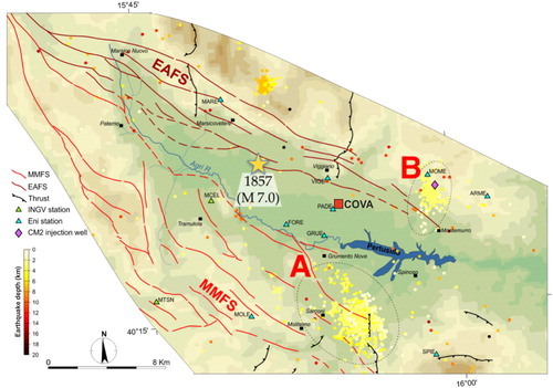 Figure 2. The AVDA in Southern Italy with the indication of the two fault systems (EAFS and MMFS) and the location of recent seismicity (period, 2002–2012). The clusters A and B are reservoir-induced seismicity and fluid–injection-induced seismicity, respectively.