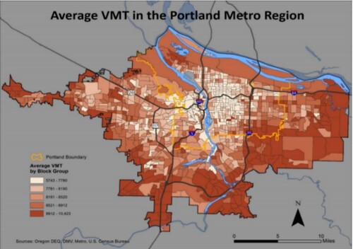 Figure 10. Average vehicle miles travelled in the Portland Metro Region (Source: MacArthur, Clifton, Broach, & Shandobil, Citation2018).