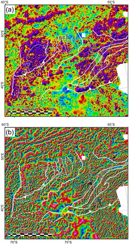 Figure 4. (a) Analytical signal map of the aeromagnetic anomaly map showing the distribution of magnetic causative bodies. AL, Amery Lineament. (b) Tilt derivative map of the aeromagnetic anomaly map, which shows the edges of the major anomalies. Solid white lines show the position of the tectonic element boundaries. Outcrops and nunataks are superimposed on the data. All data are projected in Universal Polar Stereographic South (UPSS) and rotated 90° clockwise.