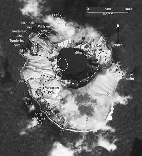 Figure 2 Pre-2008 reconnaissance geologic map of Kasatochi Island on QuickBird image acquired in April 2004; wispy clouds partly cover north flank. Map units: vc, volcaniclastic rocks and subordinate lava flows and dikes of southwest cliffs, late(?) Pleistocene age; lf, lava flows chiefly younger than map unit vc, probably of latest Pleistocene or Holocene age, except for lava flow that underlies map unit vc at south end of island; pf, chiefly pyroclastic-flow deposits that overlie map unit lf and vc (some may be as young as a few centuries). Informal geographic names are those coined by USFWS. Tundering and Troll taluses were major auklet rookeries; Sea lion spit was sea lion rookery. In 2005, area of lake enclosed by white dashed line was reported by observers to have been subject to intermittent surface disturbances (see text).