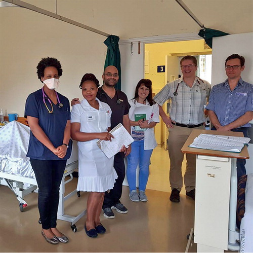 Figure 2: Mossel Bay Hospital multidisciplinary team during an AMS ward round. From left to right: family medicine registrar, professional nurse, family medicine registrar, community service pharmacist, family physician and clinical pathologist. Source: lead author, 2018.
