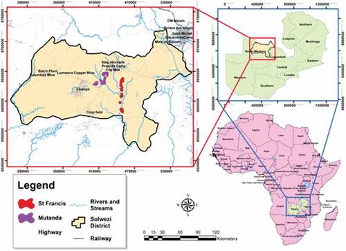 Figure 3. Map of Africa, Zambia, Solwezi District and Study areas of St. Francis and Mutanda.