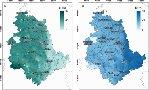 Figure 6. Annual (a) terrestrial (ET) and (b) cosmic (EC) effective dose rate of the Umbria region expressed as a relative contribution in percentage of the external effective dose rate (EEXT). Cartographic reference system WGS 84, UTM Zone 32N.