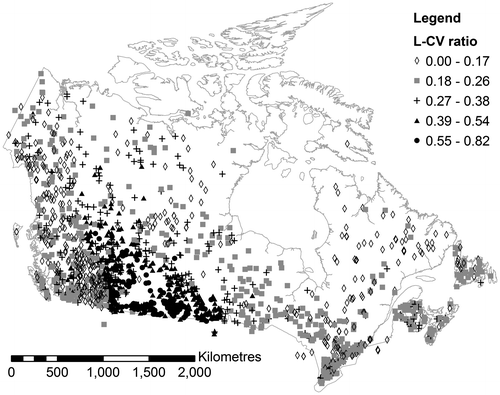 Figure 8. L-CV ratio plotted at the centroid of each gauged catchment.