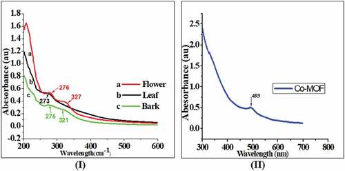 Figure 2. UV-Vis spectra of aqueous crude flower, leaf, bark extracts of Hibiscus rosa-sinensis (I) [0.5 ml extract/4.5 ml distilled water] and Co2Res2 (II).