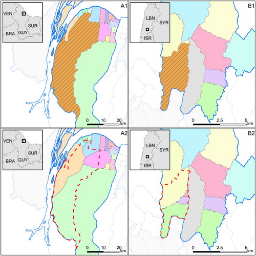 Figure 4. Examples of application of the ‘split and merge’ approach to census units incorrectly deemed as unpopulated in (A) Guyana and (B) Lebanon, before (1) and after (2) the procedure is applied. Orange filling and red dashed boundary represent the original problematic polygon; blue solid line delineates borders of upper administrative level; grey solid polygons are correctly declared unpopulated polygons; solid coloured areas are the resulting polygons; areas outside the processed administrative unit are shaded.