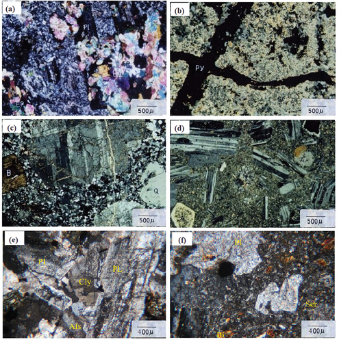 Figure 14. Microphotographs of four sample points: a) sample of propylitic alteration with the presence of epidote (location: 56.076°E, 29.881°N) b) andesite sample with phyllic alteration and presence of sericite and pyrite veinlets (location: 56.066°E, 29.877°N) c) granodiorite sample with phyllic alteration and presence of crossed nickel veinlets (location: 56.067°E, 29.876°N) d) andesite sample with propylitic alteration and presence of epidote and chlorite (location: 56.055°E, 29.863°N) e) sample of argilic zone with presence of plagioclase and its replacement clay minerals (location: 56.061°E, 29.874°N) f) sample from advanced argillic with presence of plagioclase and its replacement by sericite and clay minerals (location: 56.068°E, 29.865°N) (Najafian, Citation2010 , Yousefi et al., Citation2022).