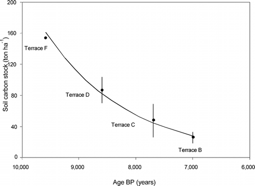FIGURE 4.  Total stocks of SOC to a depth of 60 cm at various terraces. Terrace E has not been sampled and results from terrace A have not been included due to the findings of coal pieces probably imported from nearby coastal coal outcrops. An exponential fit is shown (0.0244e0.0007x ; R 2 = 0.9913)