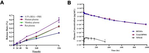 Figure 4 In vitro stability in plasma of DP303c and PK characteristics of DP303c in the cynomolgus monkey. (A) In vitro stability of DP303c in plasma. (B) Concentration (μg/mL)-time profiles of DP303c, the total antibody DP001 and unconjugated MMAE (MMAE) post the first dose of DP303c at 4.0mg/kg.
