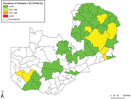Figure 2. Prevalence of trichiasis + trachomatous scarring (TS) unknown to the health system (UTTHS), in ≥15-year-olds, by evaluation unit, trachoma prevalence surveys, Zambia, 2016–2017.