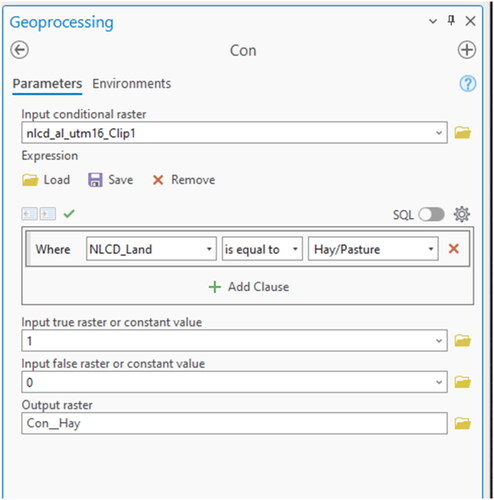 Figure 42. The Con Tool dialog box showing the equation used to select all of the Hay/Pasture land cover type from the entire raster.