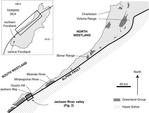 Figure 1 Map showing the distribution of the Greenland Group in Westland, and locations mentioned in the text. The area of study, at Jackson River, is indicated in the lower left.