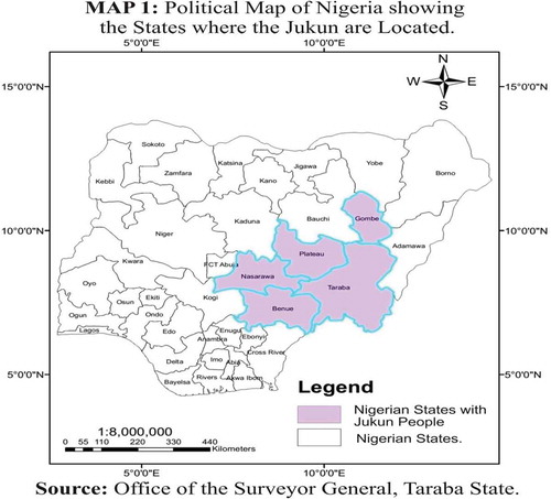 Figure 1. Map of Nigeria showing states with Jukun people (Dauda, Citation2017).