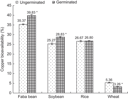 Figure 5. Effect of germination of grains on the bioavailability of copper. Values are mean ± SD of five replicate determinations.Figura 5. Efecto de la germinación de los granos sobre la biodisponibilidad de cobre. Los valores son la media ± SD de cinco determinaciones repetidas.