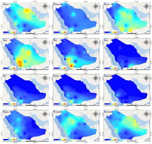 Figure 4. Spatiotemporal distribution of the median of the monthly rainfall depth for the stations in the current study from January to December.