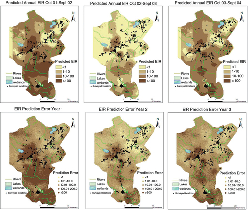 Fig. 4 Spatial temporal distribution of annual EIR with prediction error maps.