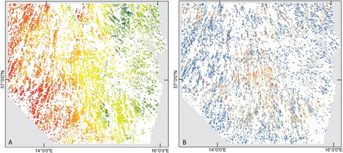 Figure 6. Visualization of glacial lineation. (A) Glacial lineations colored by direction; green = westerly ice flow, yellow = southerly ice flow, red = easterly ice flow. (B) Glacial lineations colored by length; blue = short lineations, yellow = intermediate, red = long lineations.