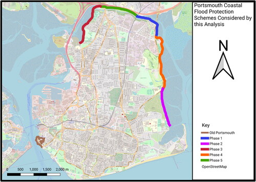 Figure 5. Map of the structural flood protection schemes development across Portsea Island from 2000 to 2020. This map does not include the currently in development Southsea scheme.