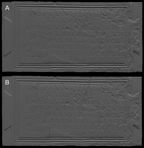 Figure 5. Reconstructed jigsaw meshes of the Chichester tablet: A = Old Interpretation; B = New Interpretation. Rendered in Blender 2.8.