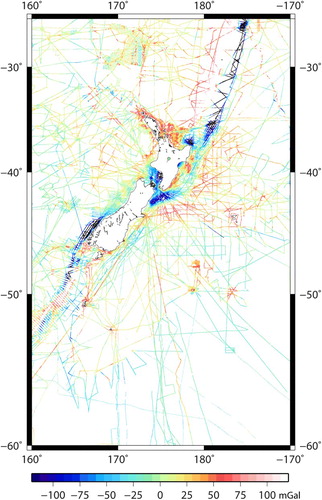Figure 4. Shipborne topography corrected gravity anomaly data (mGal) shown as dots coloured by value over the region 25°S to 60°S and 160°E to 170°W.