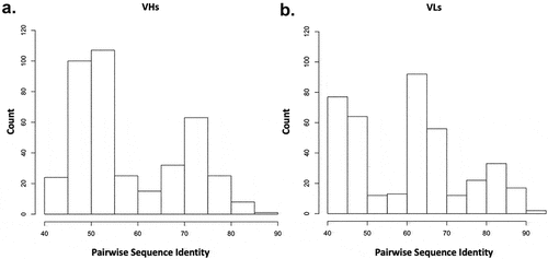 Figure 7. Pairwise sequence identity distributions between CST and repertoire antibodies in test set. A multi-sequence alignment of the 20 CST antibodies with the 20 repertoire antibodies in the test set is performed. The 400 pairwise sequence identities are shown for the (a) variable heavy, VH and the (b) variable light, VL.