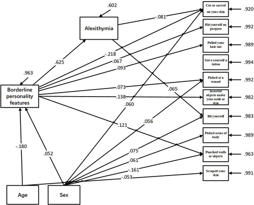 Figure 2 Direct and indirect pathways between borderline personality features, alexithymia and the endorsement of NSSI method.