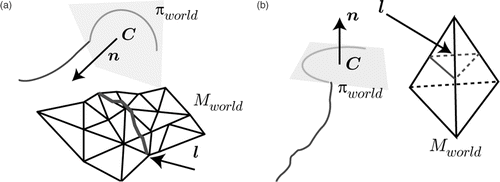 Figure 10. Lineset examples for the proposed navigation aid. (a) The plane containing the needle is cut with the 3D mesh resulting in a lineset l. (b) The lineset also contains lines on the backside of the 3D model.