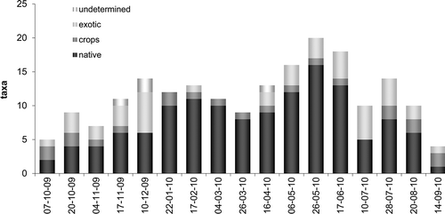 Figure 4. Pollen annual curve based in taxa origin (native, exotic, crop and undetermined) of the pollen types collected in both hives.