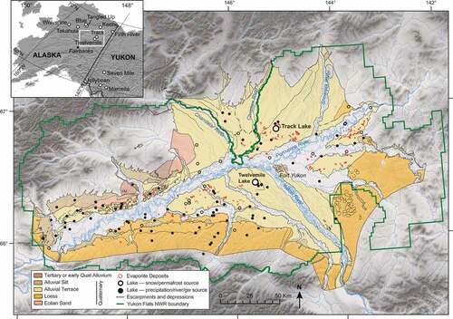 Figure 1. Location of the Yukon Flats (inset) is shown on a digital elevation model (30 m), with surficial geology by Williams (Citation1962) and the locations of Twelvemile and Track Lakes (large white circle symbols) and the locations of evaporite deposits (red-filled circle symbols) from Clautice and Mowatt (Citation1981). Lakes from Anderson et al. (Citation2013) are indicated as small open circle symbols for those with 18O-depleted water sources, such as snow and permafrost. Black-filled circle symbols indicate lakes sourced by precipitation, rivers, and groundwater (gw). The inset shows the locations of additional sites discussed in the text