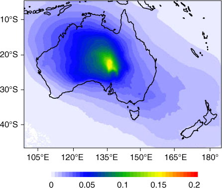 Fig. 5 Simulated dust optical depth (DOD) at 0.55 µm averaged for a 6-month period from September 2009 to February 2010.