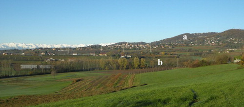 Figure 1. Different morphologies of the Southern slope of the Turin Hill high sector (a, steeper) and the low sector (b, very flat), observed from the San Felice Church (Unit 6s).