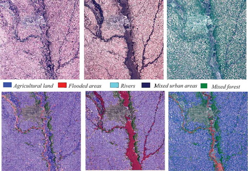 Figure 23. A multi-temporal data set for the third use case. (From left to right and from top to bottom): An RGB quick-look view of a first Sentinel-2 image from March 1st, 2018, of the second image from March 21st, 2018; and the last image from June 24th, 2018, followed by the classification maps of each of the three images