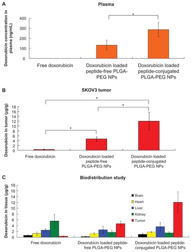 Figure 9 Accumulation and biodistribution of doxorubicin in (A) plasma, (B) tumor, and (C) tissues after intravenous administration of free doxorubicin, and doxorubicin-loaded peptide-free and peptide-conjugated PLGA-PEG nanoparticles in SKOV3 tumor-bearing mice at 24 hours.Abbreviations: PLGA, poly(D,L-lactide-co-glycolide); PEG, poly(ethylene glycol); NPs, nanoparticles.