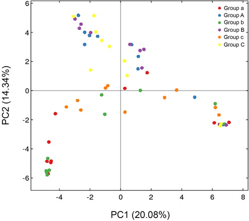 Figure 3. Two-dimensional principal coordinates analysis (PCoA) plot of unweighted UniFrac distance matrices for buccal cavity and rectum samples during decomposition. The bacterial community of the buccal cavity from New Zealand rabbit carcasses in Group A (blue dot), in Group B (purple dot) and Group C (yellow dot), and the bacterial community of the rectum from New Zealand rabbit carcasses in the Group a (red dot), in Group b (green dot) and Group c (orange dot) were represented. Sample names refer to samples as described in Table 1.