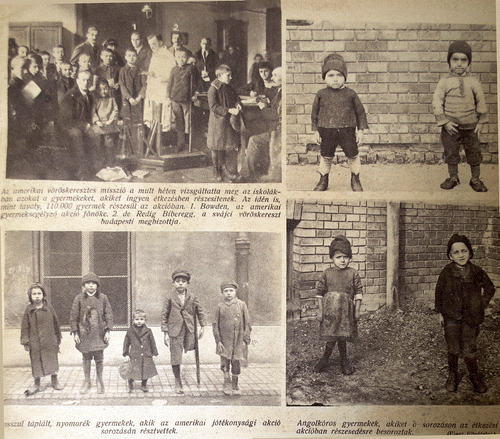 Figure 1. Top left: ‘Physical examination of children to be fed “for free” through the ARC’. Present in the photo are Bowden, head of the American Red Cross Action and Count Redig Biberegg, representative for the Swiss Red Cross in Budapest in 1921. Bottom left: ‘Underfed, poor children recruited by the relief action of the American Red Cross’. Top and bottom right: ‘Rickety children recruited for the feeding initiative’. Source: Érdekes Ujság 9, no. 3, 20 January 1921, 23.