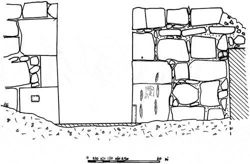 Figure 8. The façade of the entrance to the ‘Governor’s House’ and the location of the praying figure graffito (drawing by Avishay Blumenkrantz).