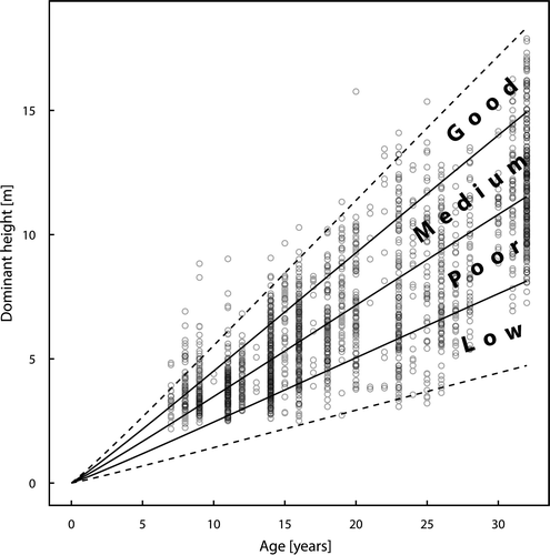 Figure 6 Derived site productivity classes plotted together with the height-age data used to construct them (dashed lines indicate 95% confidence intervals).