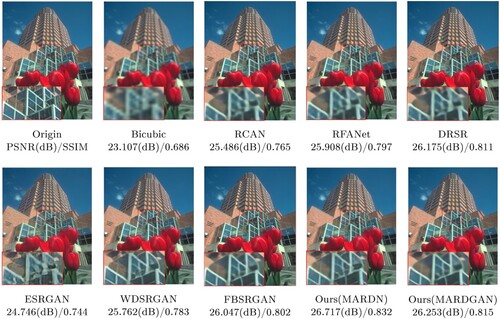 Figure 11. Reconstruction of “86,000” images in BSD100 dataset by different SR algorithms: (a) origin PSNR(dB)/SSIM, (b) bicubic 23.107(dB)/0.686, (c) RCAN 25.486(dB)/0.765, (d) RFANet 25.908(dB)/0.797, (e) DRSR 26.175(dB)/0.811, (f) ESRGAN 24.746(dB)/0.744, (g) WDSRGAN 25.762(dB)/0.783, (h) FBSRGAN 26.047(dB)/0.802, (i) ours(MARDN) 26.717(dB)/0.832 and (j) ours(MARDGAN) 26.253(dB)/0.815.