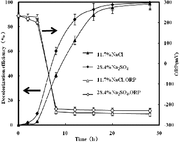 Figure 4. Decolourization of K-2BP and ORP profiles at the same anionic concentration.