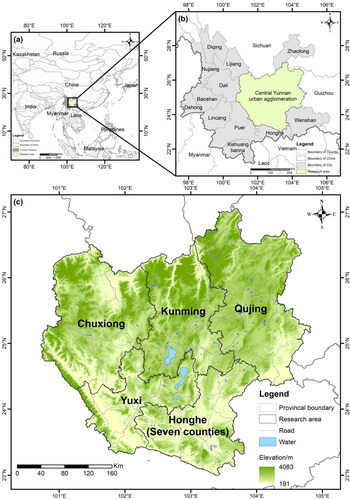 Figure 1. Central Yunnan urban agglomeration. (a) Geographical location (national level); (b) geographical location (provincial level); (c) elevation.