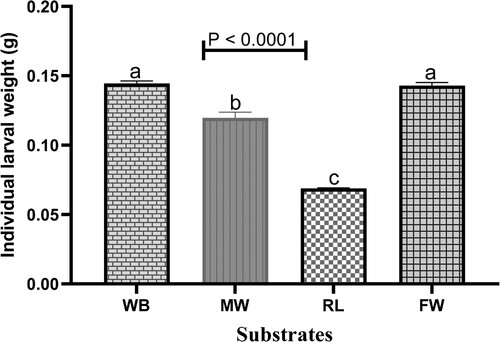 Figure 3. Individual larval weight reared on different substrates. Different alphabets indicate significance at p < 0.05. WB – wheat bran. MW – millet waste. RL – restaurant leftovers. FW – fruit waste.